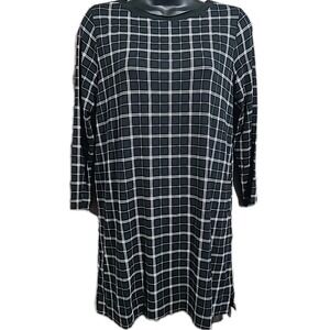 J Jill Black Plaid Tunic Top Size XS 3/4 Sleeve V-Back Mature Neutral Modest